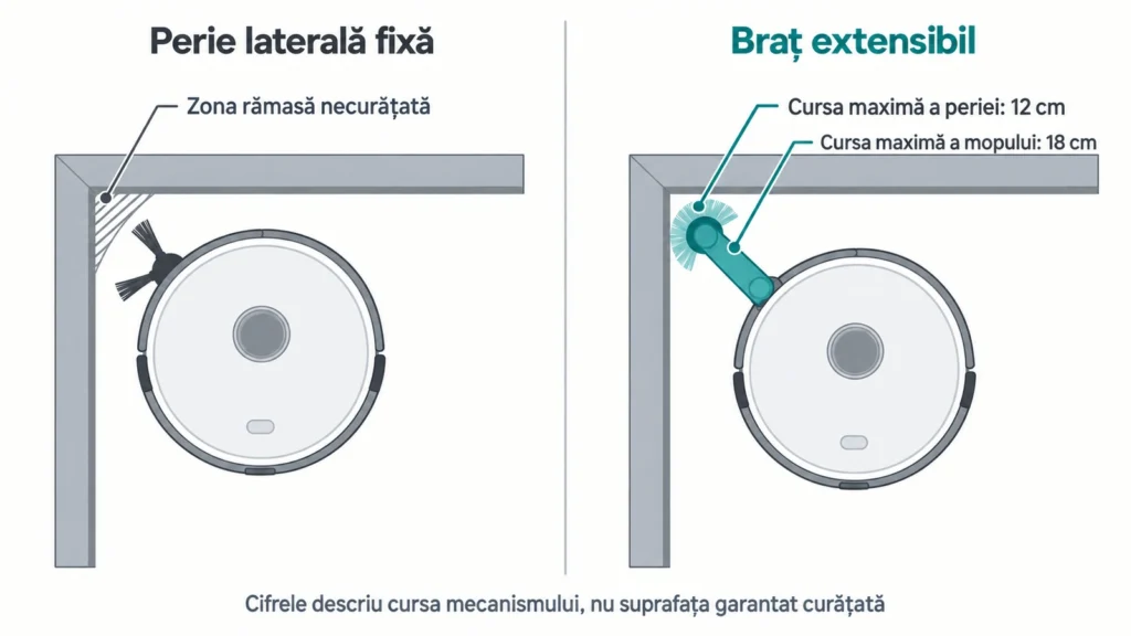 Comparație între zona atinsă de o perie laterală fixă și zona atinsă de un braț care se extinde cu 12 cm într-un colț de cameră