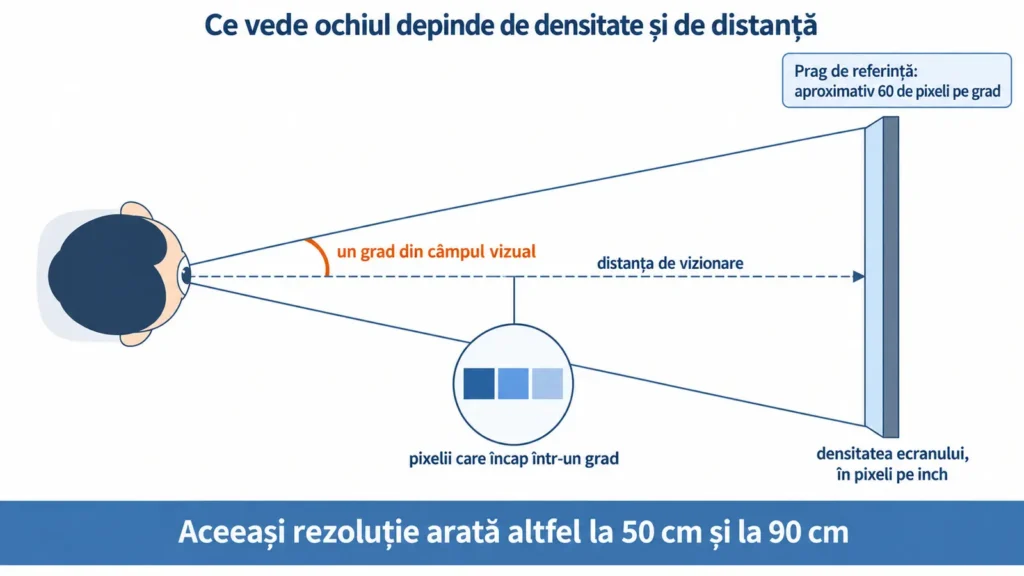 Schemă văzută de sus care arată legătura dintre distanța de vizionare, densitatea ecranului și pixelii dintr-un grad