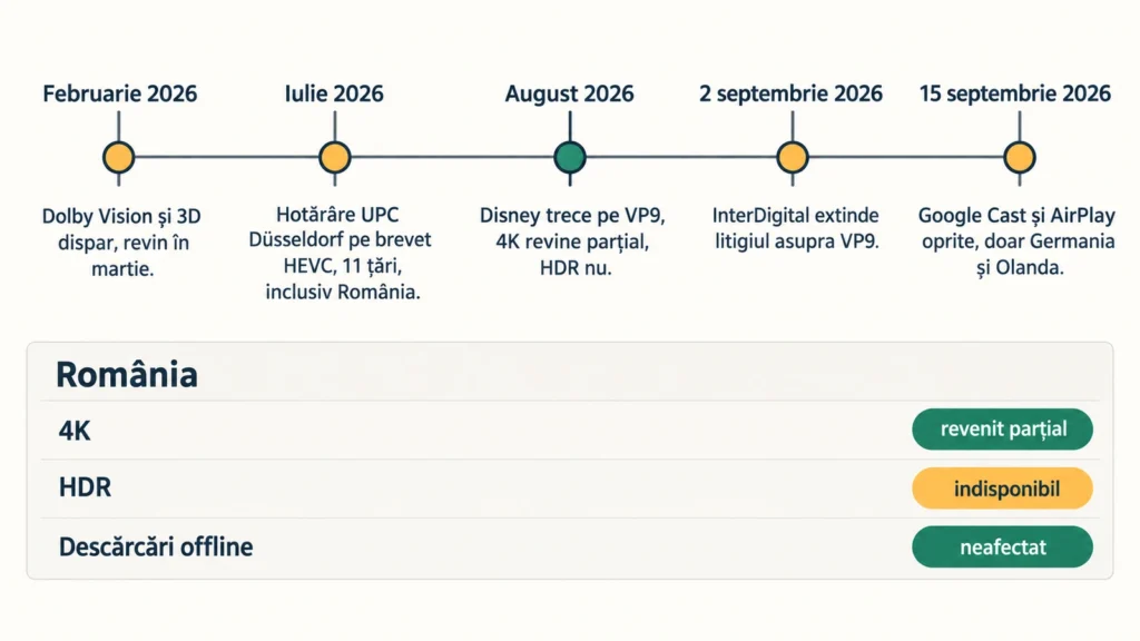 Cronologie a disputei de brevete dintre Disney și InterDigital, cu starea actuală pentru România la 4K, HDR și descărcări offline