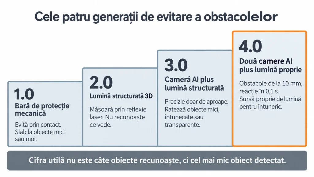 Diagramă cu cele patru generații de evitare a obstacolelor la aspiratoarele robot și limitele fiecăreia