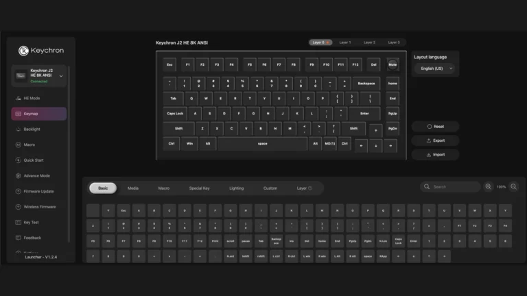 Captură din aplicația web Keychron Launcher cu tastatura J2 HE 8K ANSI conectată, afișând harta tastelor și meniul lateral