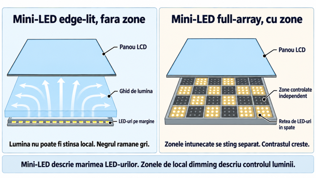 Comparatie intre iluminarea mini-LED edge-lit fara zone si iluminarea full-array cu zone de local dimming.