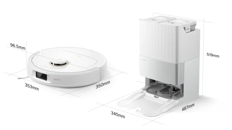 Desen cu dimensiunile Roborock Qrevo 5AE: robotul de 353 pe 350 mm și 96,5 mm înălțime, stația de 340 pe 487 mm și 519 mm înălțime