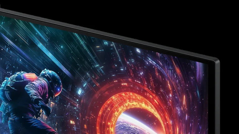 Colțul din dreapta sus al ecranului Samsung Odyssey OLED G5 G50SF, cu rama subțire și o parte din imaginea de joc
