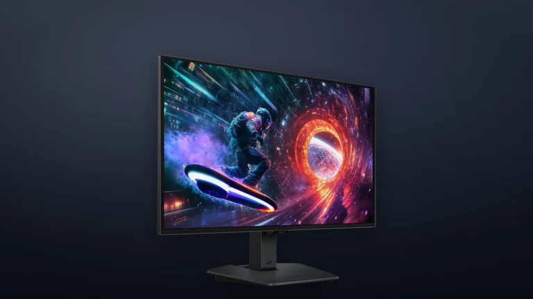 Samsung Odyssey OLED G5 G50SF văzut din unghi, cu o scenă de joc colorată pe ecran, pe un fundal închis la culoare
