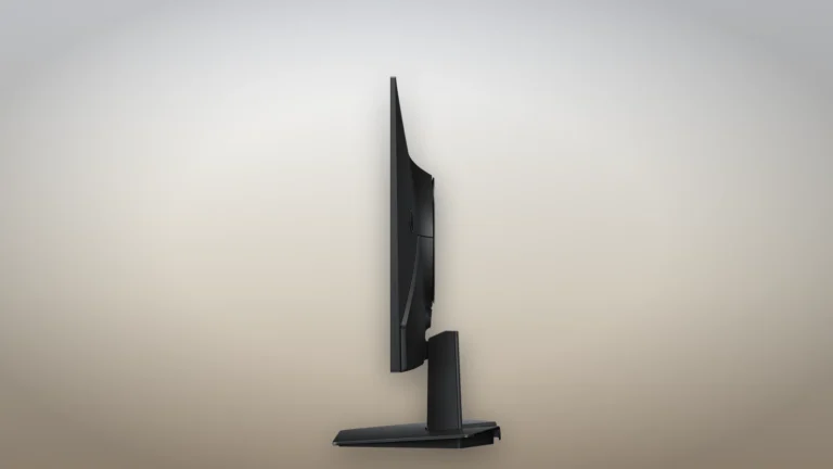Samsung Odyssey OLED G5 G50SF văzut din profil, cu ecranul subțire, piciorul fix și baza plată