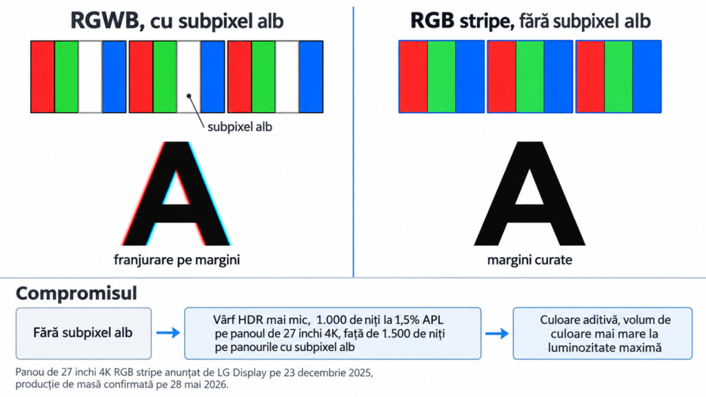 Diagramă cu aranjarea subpixelilor RGWB față de RGB stripe și efectul asupra textului și luminozități