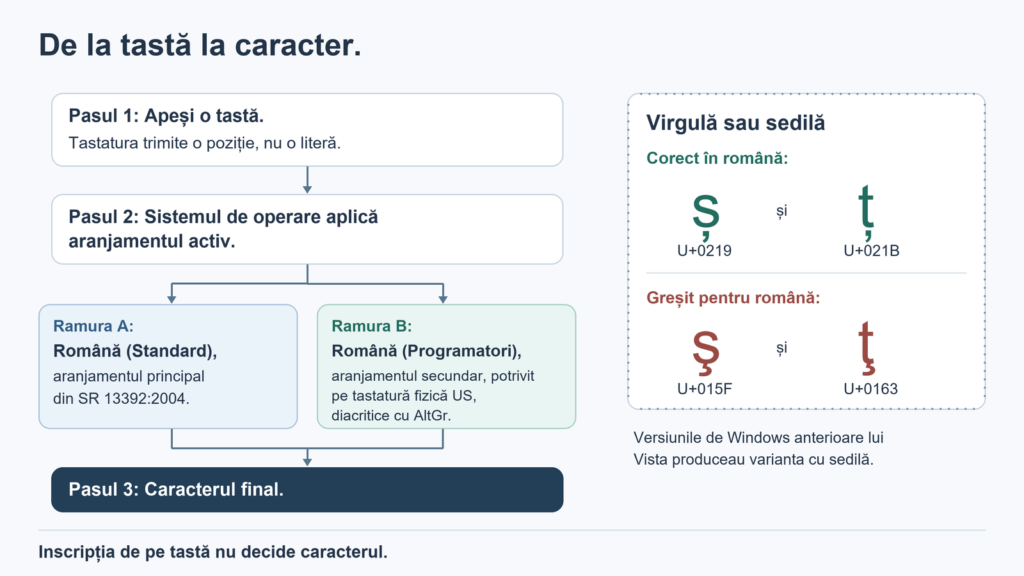Schemă care arată drumul de la apăsarea tastei până la caracterul final și diferența dintre litera cu virgulă și litera cu sedilă.