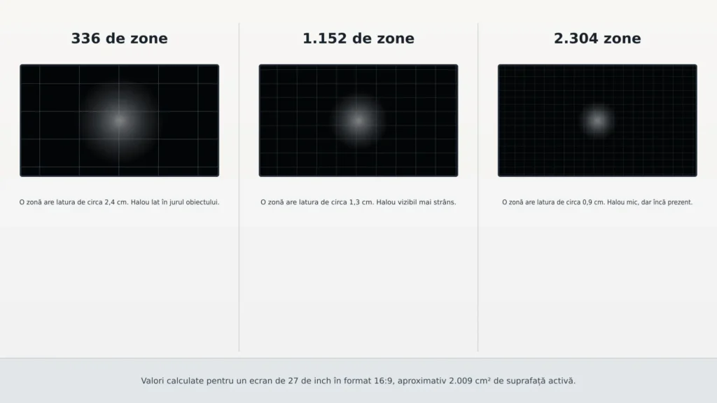 Diagramă comparativă care arată același obiect luminos pe fundal negru afișat cu zone puține și mari, apoi cu zone multe și mici, și haloul care rămâne în ambele cazuri