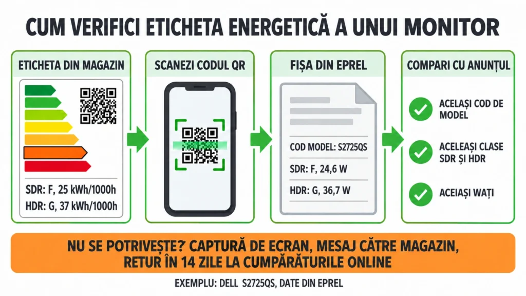 Pașii prin care verifici eticheta energetică a unui monitor: codul QR, fișa din EPREL și compararea claselor SDR și HDR cu anunțul din magazin