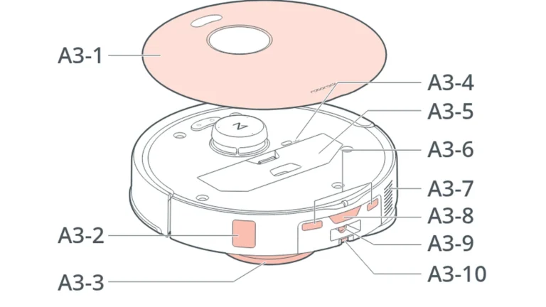 Desen din manual cu robotul Roborock Qrevo Curv fără capacul magnetic de sus, cu piesele numerotate