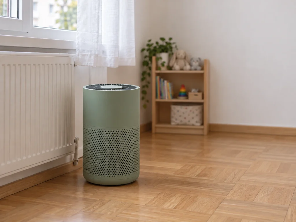 Purificator de aer compact, verde, pe parchet, lângă calorifer, într-un dormitor mic de bloc.