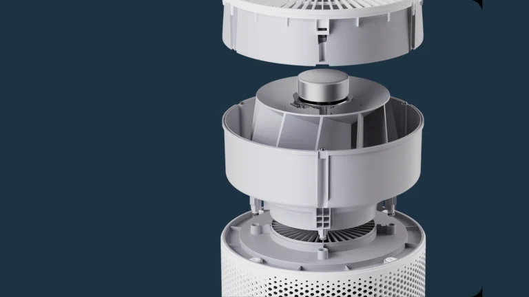 Vedere explodată a părții de sus a purificatorului Xiaomi 4 Compact, cu grila de evacuare, ventilatorul și motorul